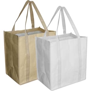 Two paper shopping bags, one in brown and the other in white, each with sturdy handles. Both bags have a plain design and a logo.
