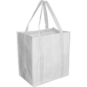 A white paper shopping bag with double handles and a square shape. The bag has a logo on one side.