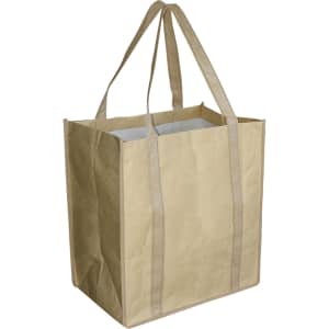 A paper shopping bag in a light brown colour with two sturdy handles. The bag has a square shape and a plain design.