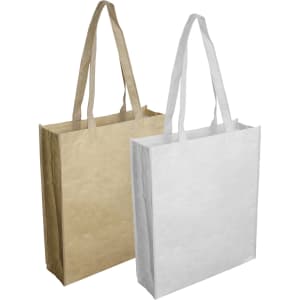 Two paper bags with large gussets, one in brown and one in white, featuring handles and a logo.