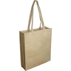 A large beige paper bag with a gusset and long handles, featuring a simple design. It includes a logo.