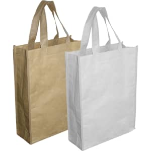 Two paper trade show bags are featured, one in brown and the other in white, both with sturdy handles.