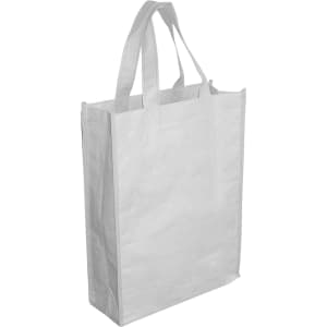 A white paper trade show bag with two handles and a flat base. It has a simple design and features a logo.