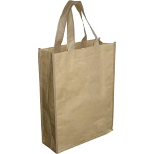 A kraft paper bag with two handles, featuring a simple design and a neutral brown colour. The bag also has a logo.