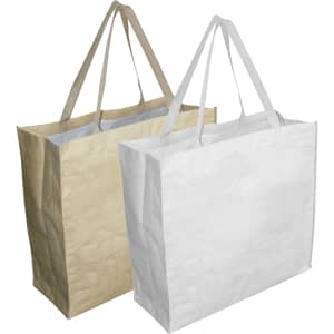 Two extra-large paper bags, one in beige and one in white, featuring gussets and dual handles. Both have logos.