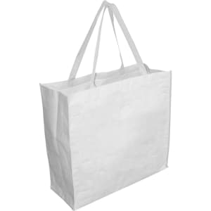 A large white paper bag with gussets and sturdy handles. The bag includes a branding logo.