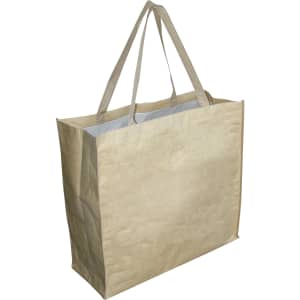 A large beige paper bag with gusset and two handles, featuring a simple design.