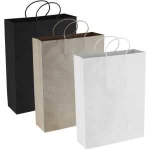Three paper shopping bags in black, grey, and white, each with matching handles.