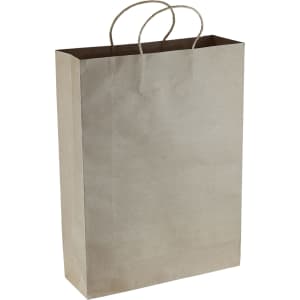 A large brown paper shopping bag with twisted handles and a neutral colour. The bag features a logo.