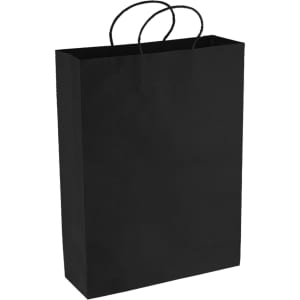 A black paper shopping bag with two handles and a minimalist design. Features a logo on the side.
