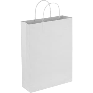 A white paper trade show bag with handles, featuring a smooth surface and no visible branding.