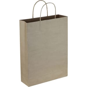 A brown paper trade show bag with two handles. The bag has a plain design and minimalistic features.