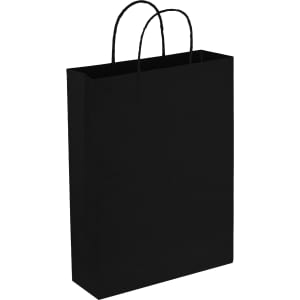 A black paper trade show bag with two handles and a minimalist design, suitable for promotional use.