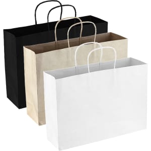 Three paper bags in black, beige, and white, each with twisted paper handles and a minimalist design.