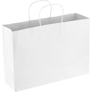 A white paper bag with two handles and a smooth surface. Features a branding logo on one side.