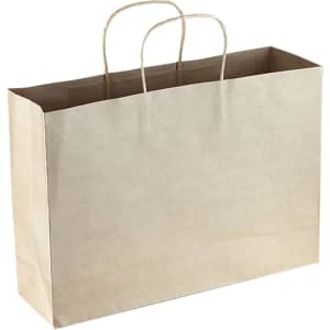 A large brown paper bag with two handles and a plain surface, featuring a logo on one side.