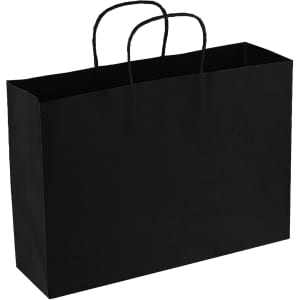 A large black paper bag with two handle loops. It has a simple, plain design.