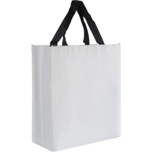 A white paper bag with black handles and a logo on one side, featuring a simple and sleek design.