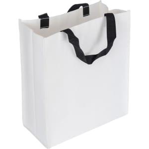 A white paper bag with black handles, featuring a simple design and a branding logo.