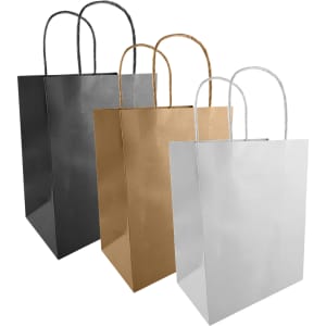 Three medium kraft paper bags in black, gold, and silver, featuring sturdy handles and a sleek design.