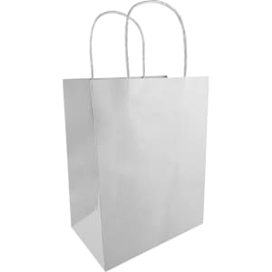 A medium kraft paper bag in a shiny silver finish with two rope handles and a square base.