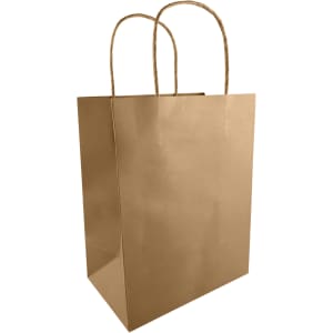 A medium kraft paper bag in brown with two twisted cord handles. Features a smooth, flat surface.