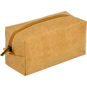 A cosmetic kraft paper bag in a brown hue with a zipper closure, featuring a simple design and rectangular shape.