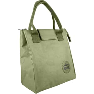 A green lunch bag with a sturdy handle, featuring a patch logo and a zip closure.
