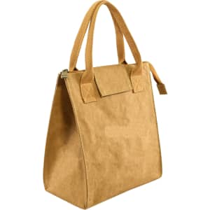 A tan cooler lunch bag with two handles and a zip closure, featuring a simple design and no visible logos.