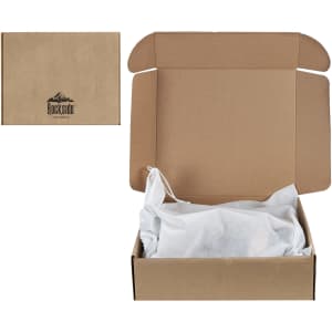 A kraft paper box with a logo, opened to reveal white tissue paper inside. The box is in a neutral brown colour.