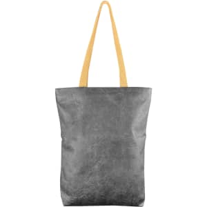 A grey Tyvek paper tote bag with yellow straps and a logo on the front.