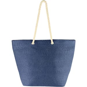 A navy blue tote bag with cream rope handles and a textured finish. It features a simple design with no visible branding.