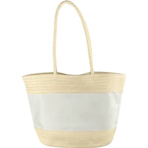 A cream and beige patterned tote bag features a woven design and two long handles. It includes a branding logo.