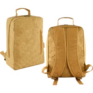 A golden-brown laptop backpack with a simple design, featuring a logo and padded adjustable straps on the back.
