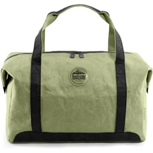A green kraft paper duffle bag with black handles and a logo on the front.