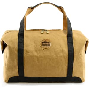 A brown kraft paper duffle bag with black handles and a circular logo. Zippered top closure included.