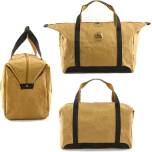 A brown kraft paper travel bag with black straps, featuring a logo, displayed from multiple angles.