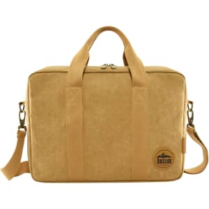 A tan kraft paper satchel with sturdy handles, a shoulder strap, and a logo.