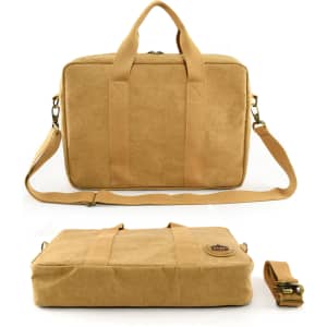 A tan satchel with dual handles, a detachable strap, and a logo, featuring a smooth, textured surface.