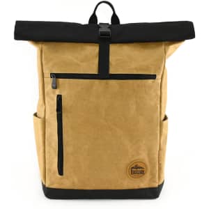 A tan and black roll-top laptop backpack with a front zip pocket and side pockets, featuring a logo.