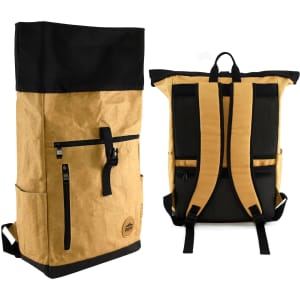 Kraft paper laptop backpack in tan and black, featuring a zip pocket, padded straps, and a logo on the front.