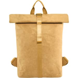 A tan kraft paper backpack with a roll-top design, featuring a logo and minimalistic straps.