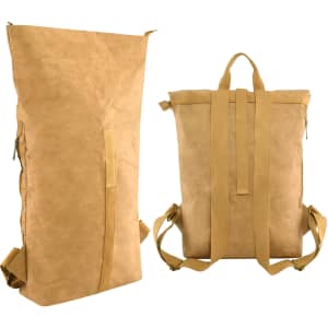 A kraft paper backpack in a light brown colour, featuring adjustable straps and a zip closure. Includes a logo.