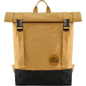 A tan kraft paper laptop backpack with black accents and a logo on the front. Features adjustable straps and a roll-top design.