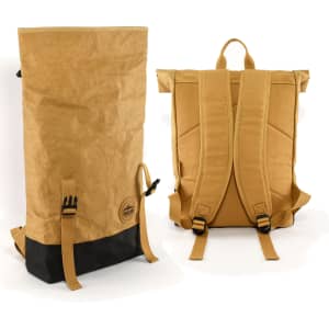 A light brown kraft paper laptop backpack featuring adjustable straps and a logo on the front.