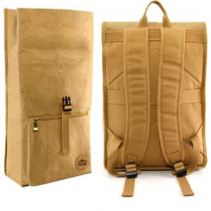 A kraft paper laptop backpack in tan with adjustable straps and a zippered front pocket, featuring branding.