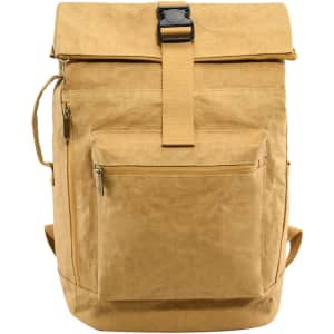 A yellow kraft paper laptop backpack with a roll-top closure, front pocket, and adjustable straps.