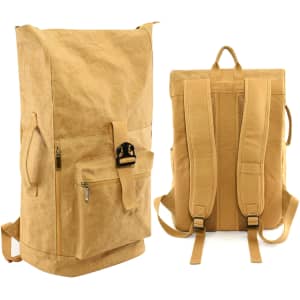 A tan laptop backpack made of kraft paper, featuring a front pocket and padded straps. It has a logo on one side.