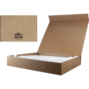 A brown kraft paper box with a lid, featuring a logo, and containing white tissue paper inside.