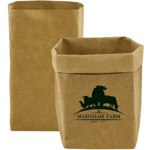 A large kraft paper storage bag in brown with a logo featuring animals on one side. Two bags are displayed.